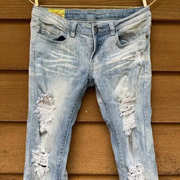 Machine Low Rise Distressed Light Blue Jeans Size 9 - Picture 2 of 11